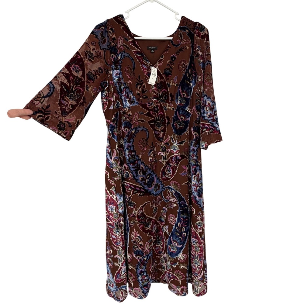 Talbots Dress Womens 10P Petite Paisley Velvet Burnout Brown V Neck NWT